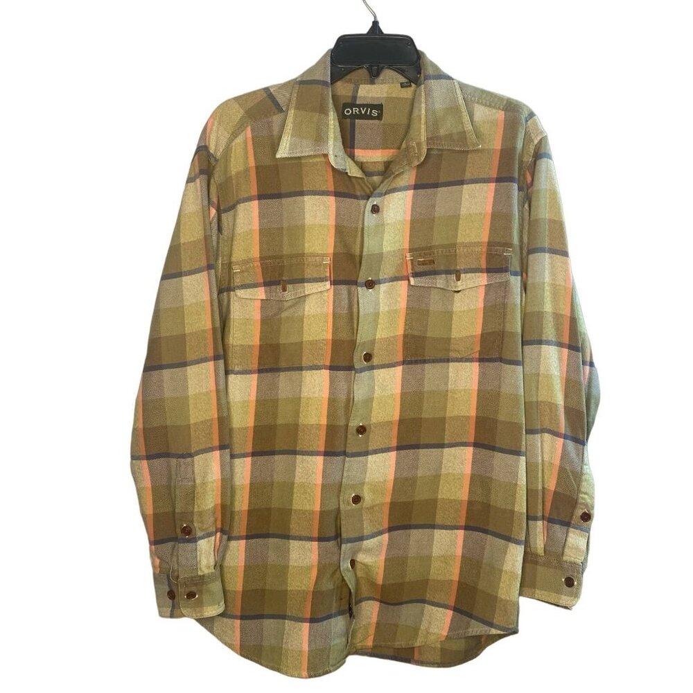 Orvis shirt men's Size Medium green blue plaid long sleeve button down